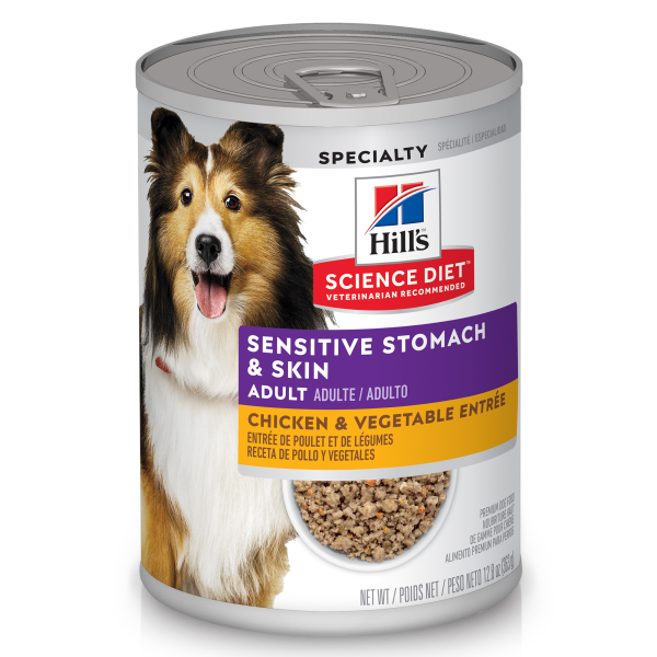 Hill's Science Diet Dog Adult SnstvStm&Sk Chk Entr 12/12.8oz Pan